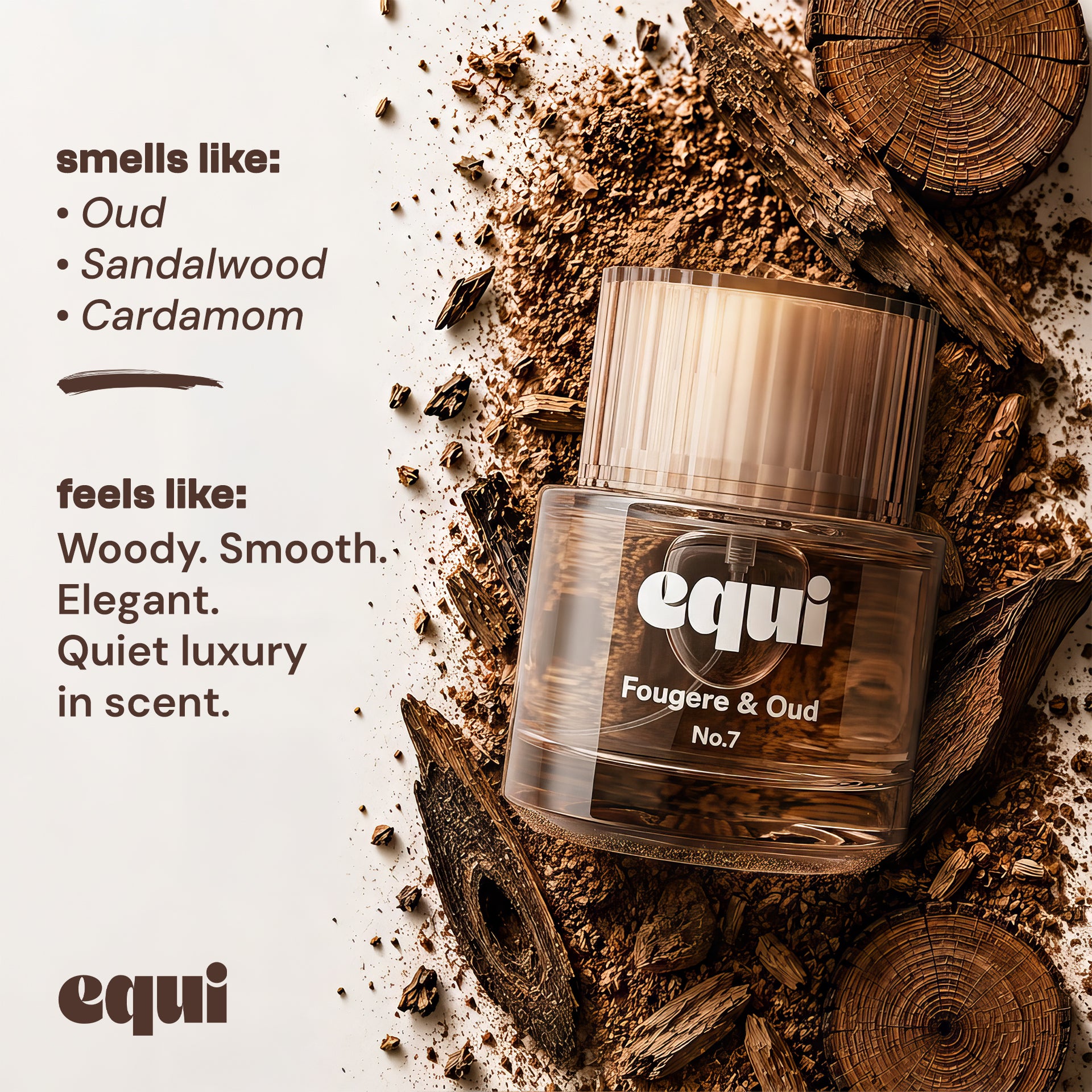 Equi Fougere & Oud inspired by Tom Ford Oud Wood perfume bottle with oud, sandalwood, and cardamom.