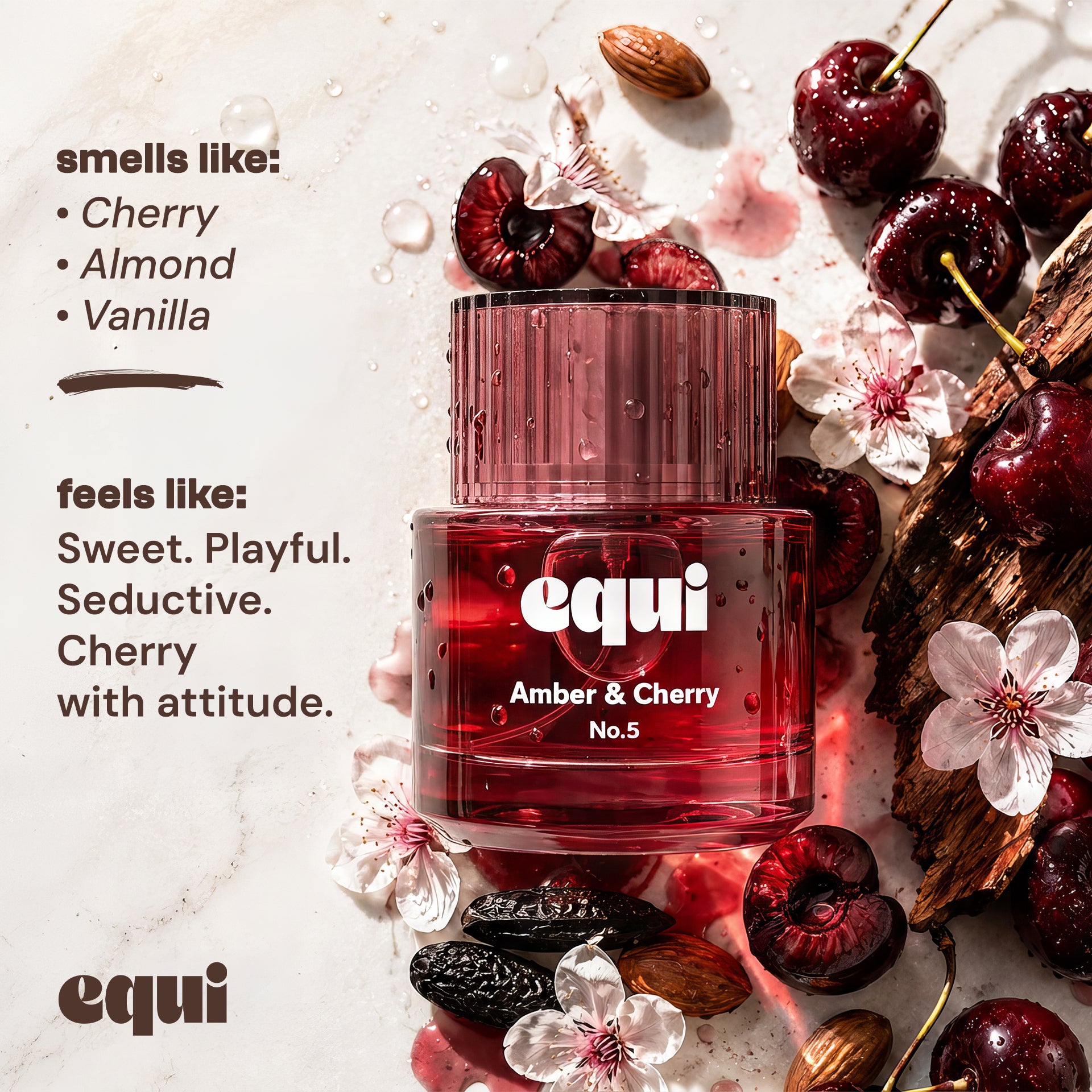 Equi Amber & Cherry inspired by Tom Ford Lost Cherry perfume bottle with cherries, almond, and vanilla.