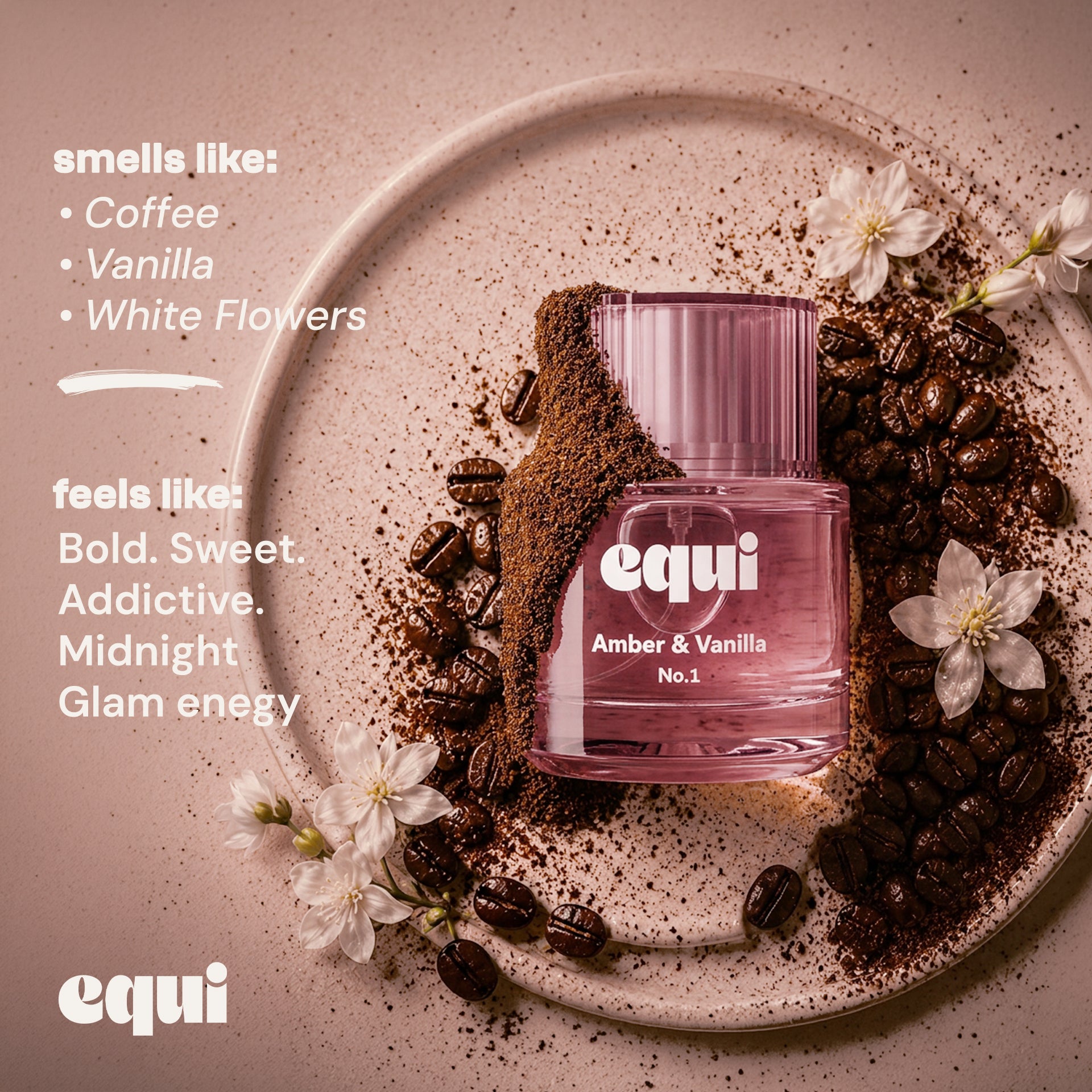 Equi Amber & Vanilla inspired by YSL Black Opium perfume bottle with coffee beans, vanilla, and white flowers.