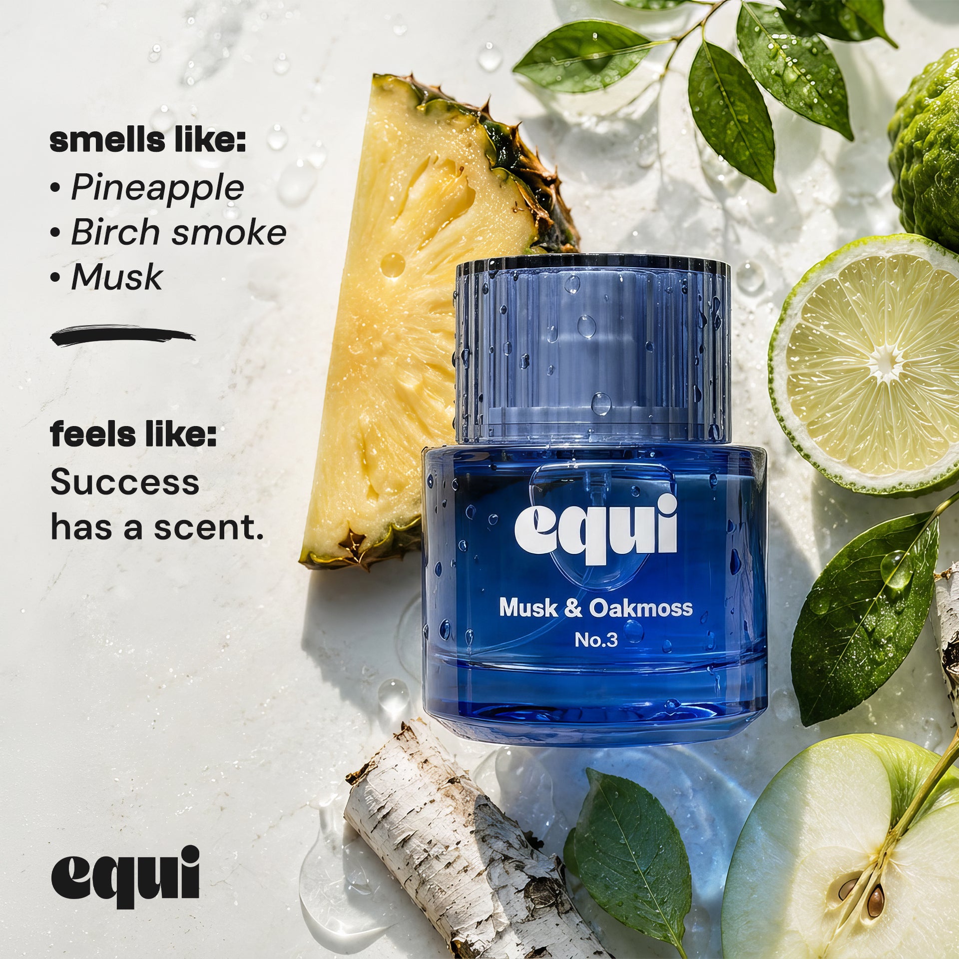 Equi Musk & Oakmoss inspired by Creed Aventus perfume bottle with pineapple, birch smoke, and musk.