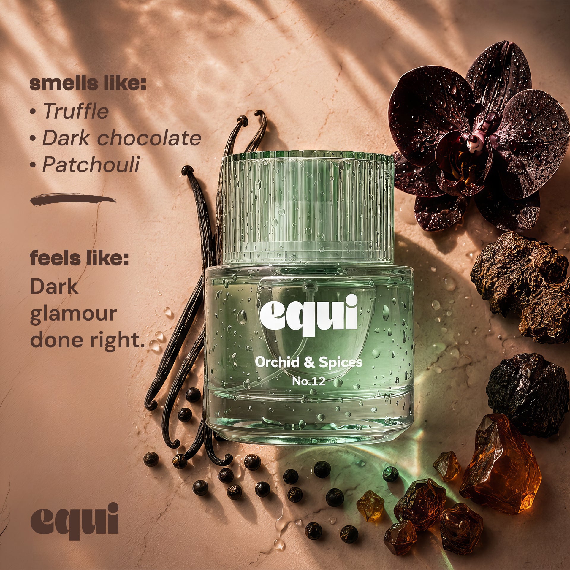 Equi Orchid & Spices inspired by Tom Ford Black Orchid perfume bottle with truffle, dark chocolate, and patchouli.