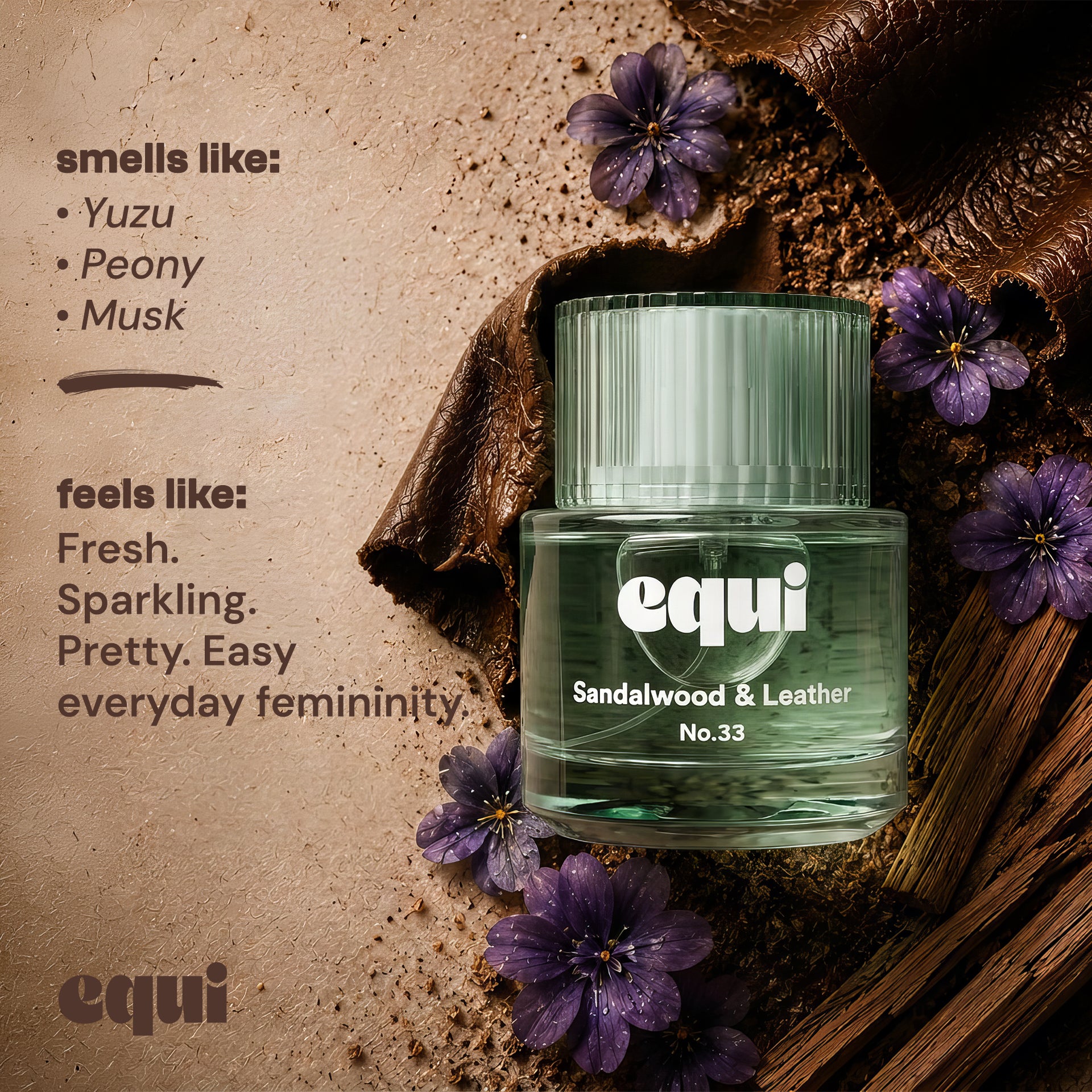 Equi Sandalwood & Leather inspired by Le Labo Santal 33 perfume bottle with sandalwood, leather, and violet.