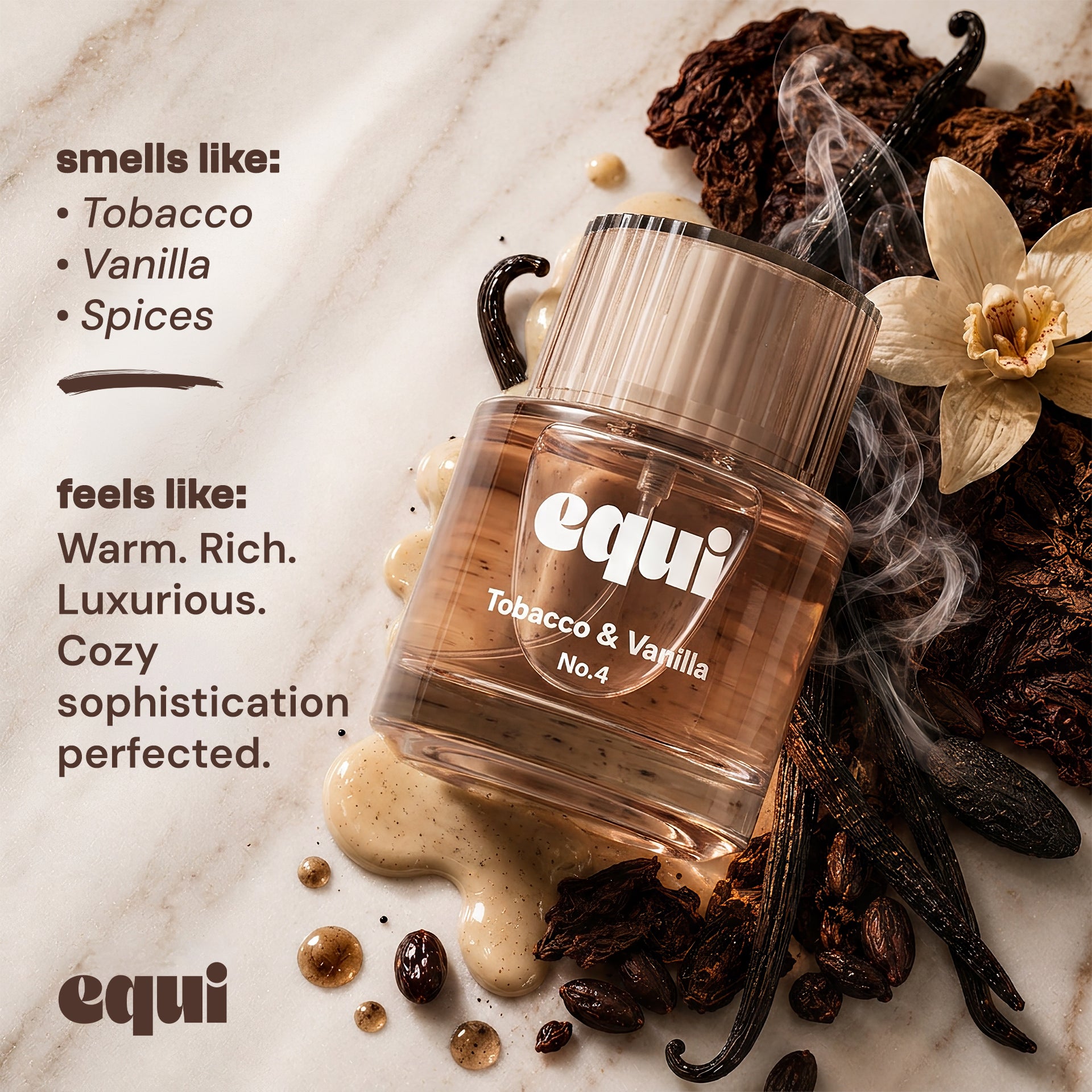 Equi Tobacco & Vanilla inspired by Tom Ford Tobacco Vanille perfume bottle with tobacco leaves, vanilla, and warm spices.